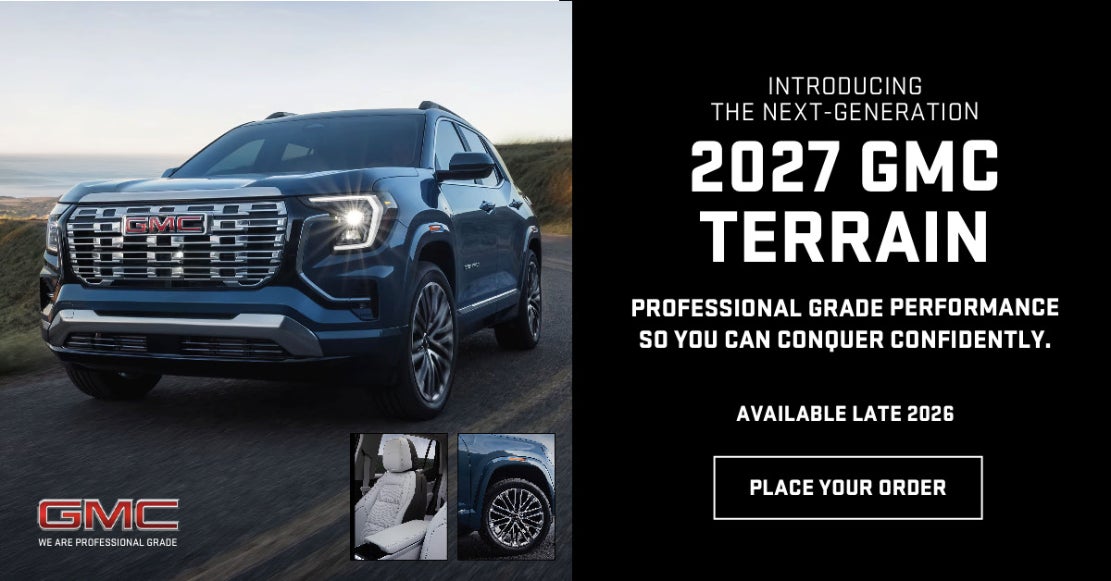 2027 GMC Terrain promotional banner with exterior, interior, and wheel photos and a Place Your Order call to action