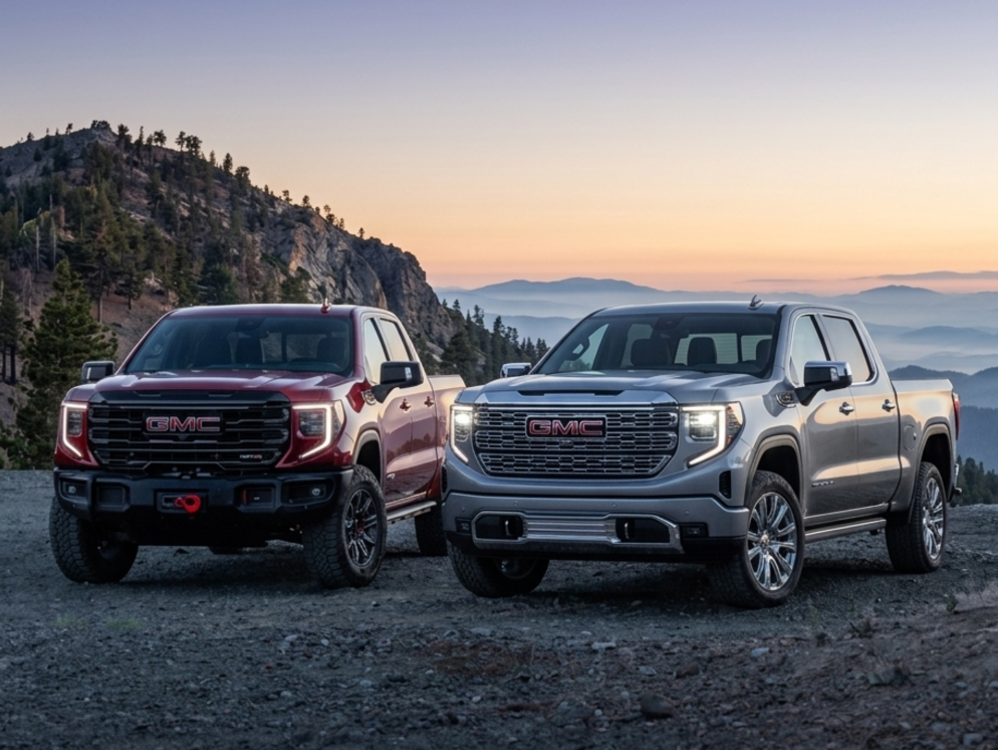 Two 2027 GMC Sierra 1500 pickup trucks parked in the mountains